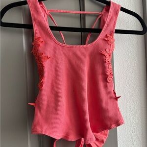 Free People Pink Sleeveless Top with Floral Details and tie back